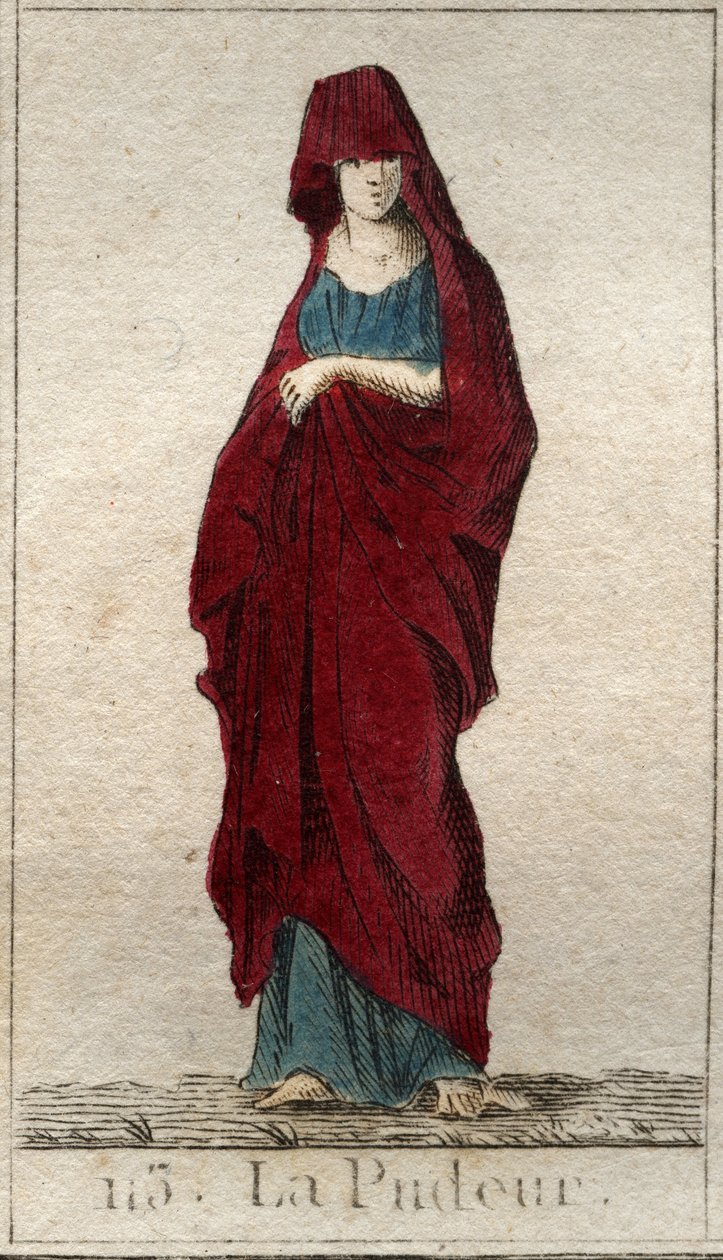 Edustus Modesty-jumalasta, nuoresta naisesta, jonka kasvot on peitetty hunnulla. (Piditysyyden esitys naisena, jolla on verhotut kasvot). Pierre Blanchardin "Nuoruuden mytologiasta" vuodelta 1803. tekijältä French School