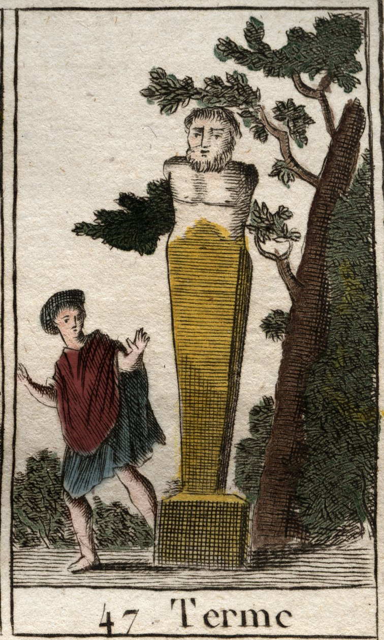 Termen jumalan esitys terminaalin muodossa omaisuuden ja maiden merkitsemiseksi. (Jumalan päätepisteen esitys maan ja omaisuuden kiviterminaalina). Pierre Blanchardin "Nuoruuden mytologiasta" vuodelta 1803. tekijältä French School