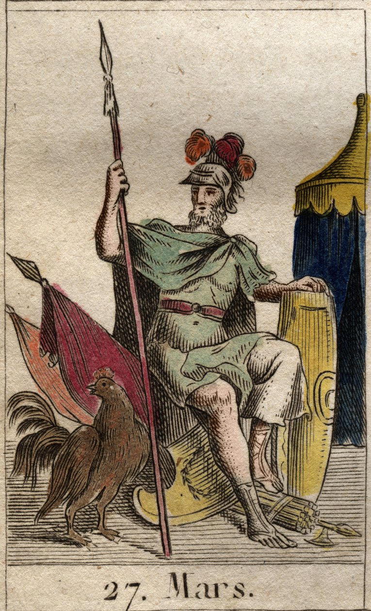 Edustus sodan jumalasta Mars, ase, lähellä kukkoa. (The God of War Mars aseistettu nastalla). Pierre Blanchardin "Nuoruuden mytologiasta" vuodelta 1803. tekijältä French School