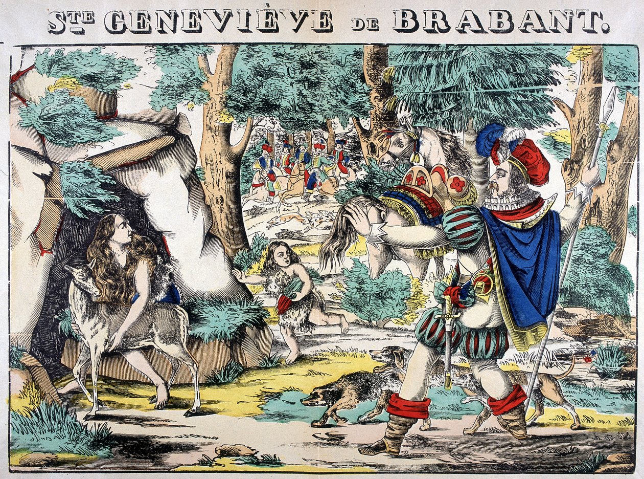 Edustus legendasta Saint Genevieve Brabantista. Kohtaus metsään hylätyn Genevieven ja hänen miehensä kohtaamisesta. Kuva Epinalista tekijältä French School