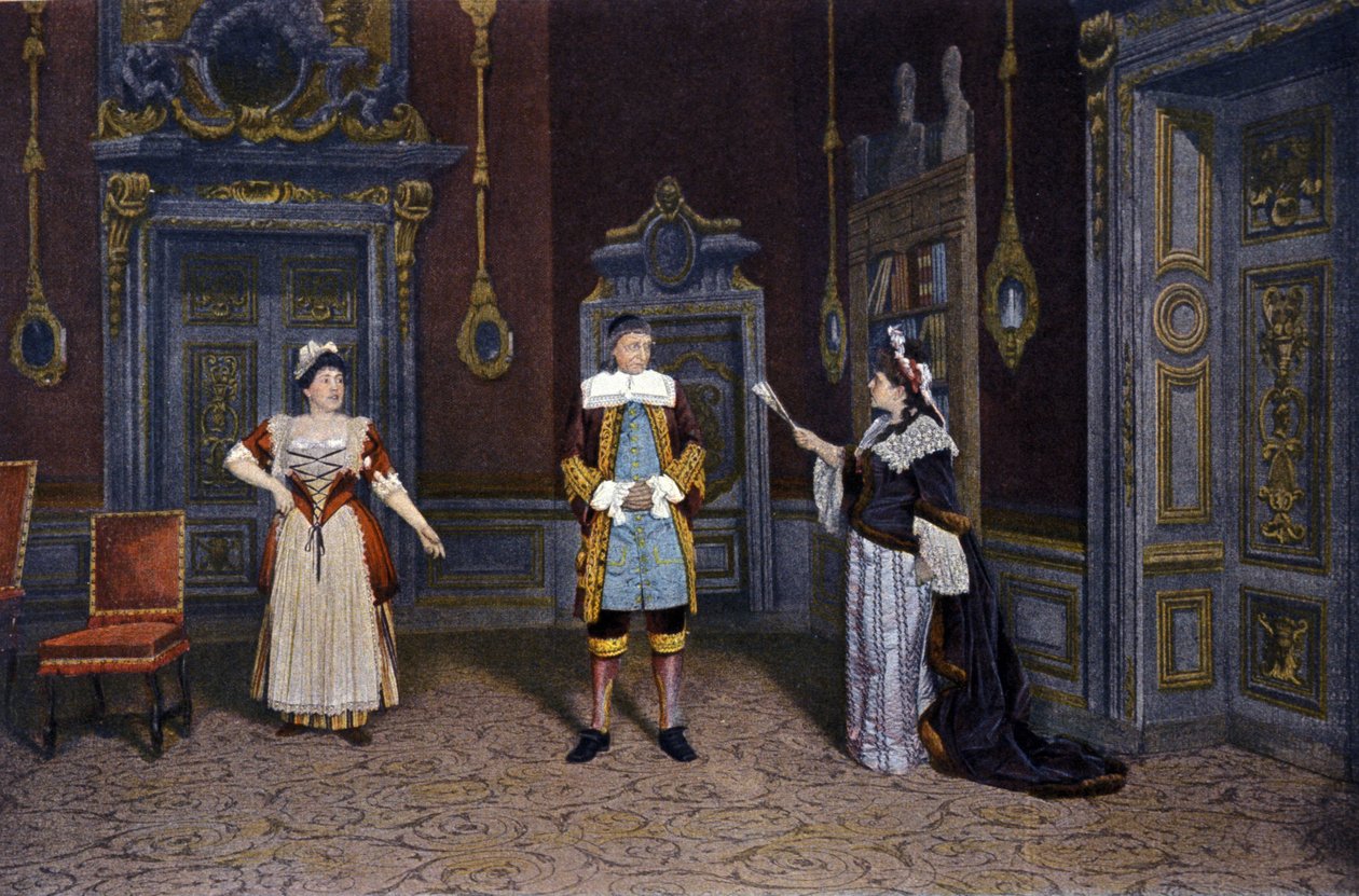 Jean Baptiste Poquelin dit Molieren (1622-1673) teoksen "Les femmes savantes" esitys Comedie francaisessa noin 1885-1890. Vasemmalta oikealle: neiti Rachel Boyer, herra Leloir, rouva Blanche Pierson tekijältä French School
