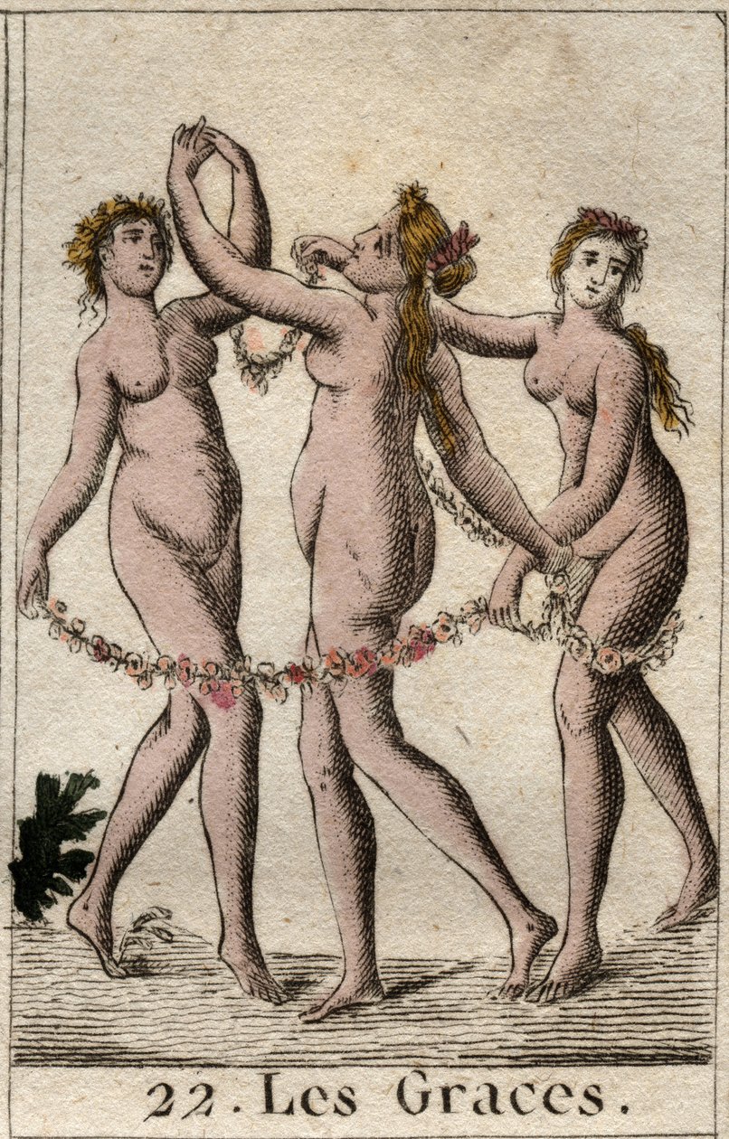 Kuvaus kolmesta Gracesta: Aglae, Thalie ja Euphrosyne, Venuksen ja Bacchuksen tytär (The Three Graces (tai Charites) Venuksen ja Bacchuksen tyttäret. Pierre Blanchardin "Mythology of Youth" vuodelta 1803). tekijältä French School