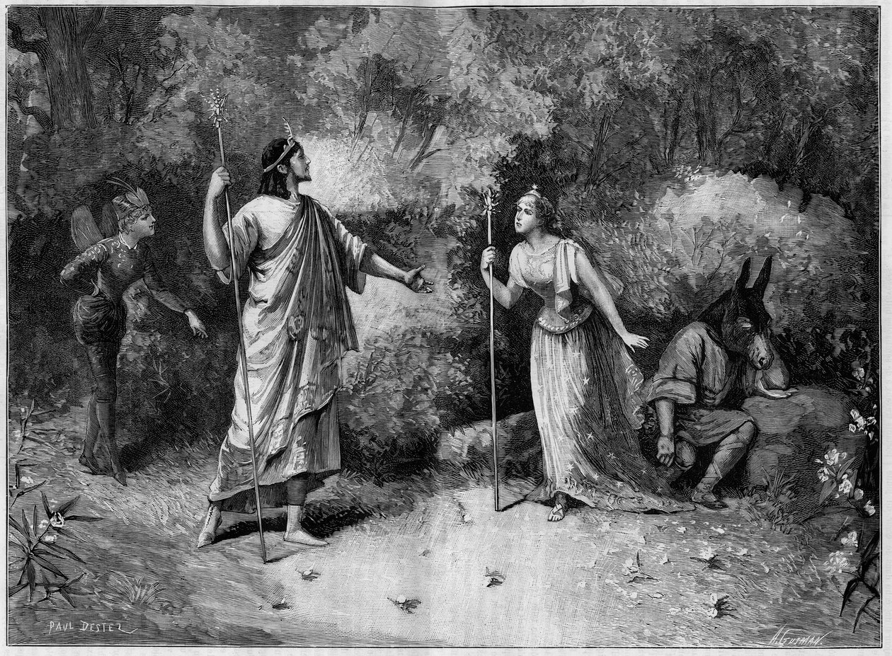 Teatteriesitys: Paul Meuricen (1818-1905) "Kesäyön uni" William Shakespearen (1564-1616) mukaan. Pariisi, Odeonin kansallisteatteri tekijältä French School