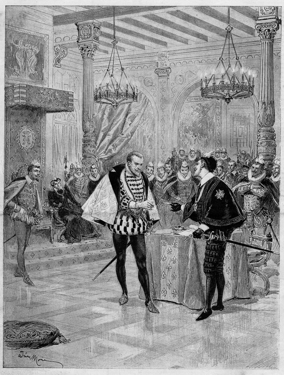 Teatteriesitys: kohtaus Alexandre Dumasin (1802-1870) "Henri III ja hänen hovinsa" neljännen näytöksen kohtaus Comedie Francaisessa Pariisissa tekijältä French School