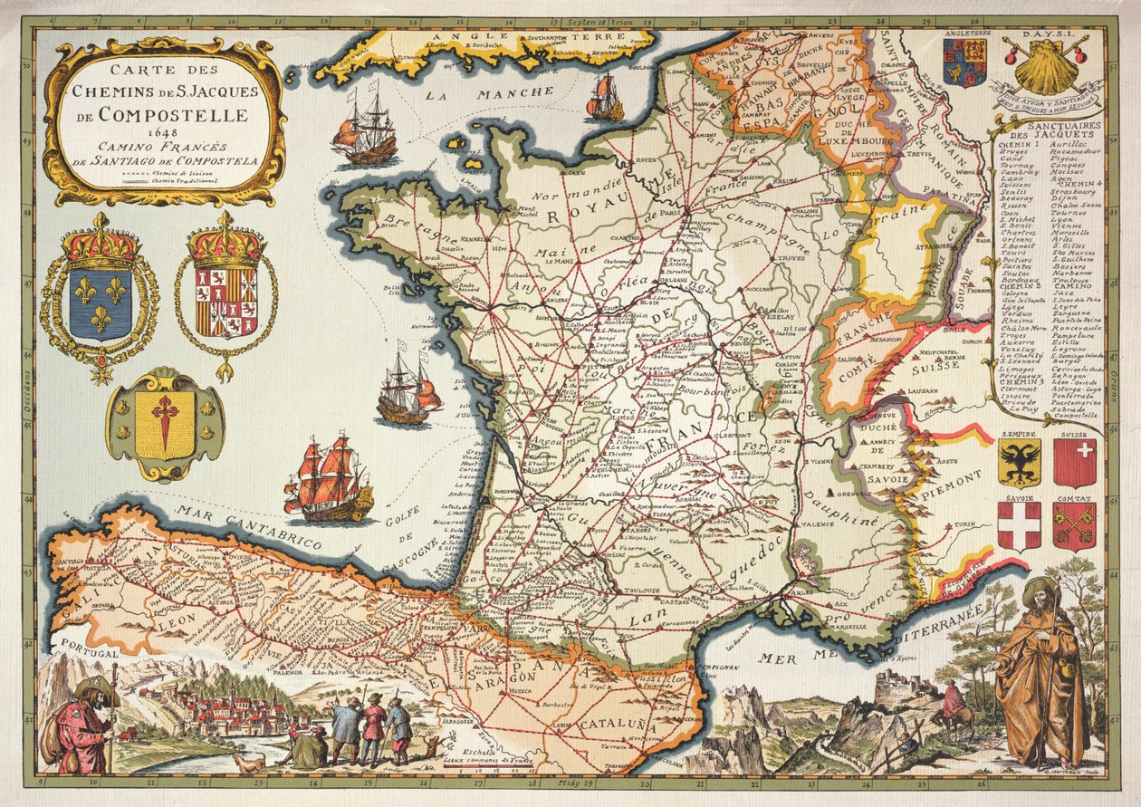 Jäljennös St. James of Compostelin reiteistä, jonka alun perin kaivertanut D.Serveaux 1648 tekijältä French School