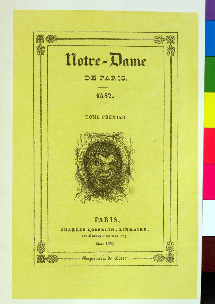 Victor Hugon (1802-85) vuonna 1831 julkaistun Notre-Dame de Parisin ensimmäisen painoksen etukannen jäljennös tekijältä French School
