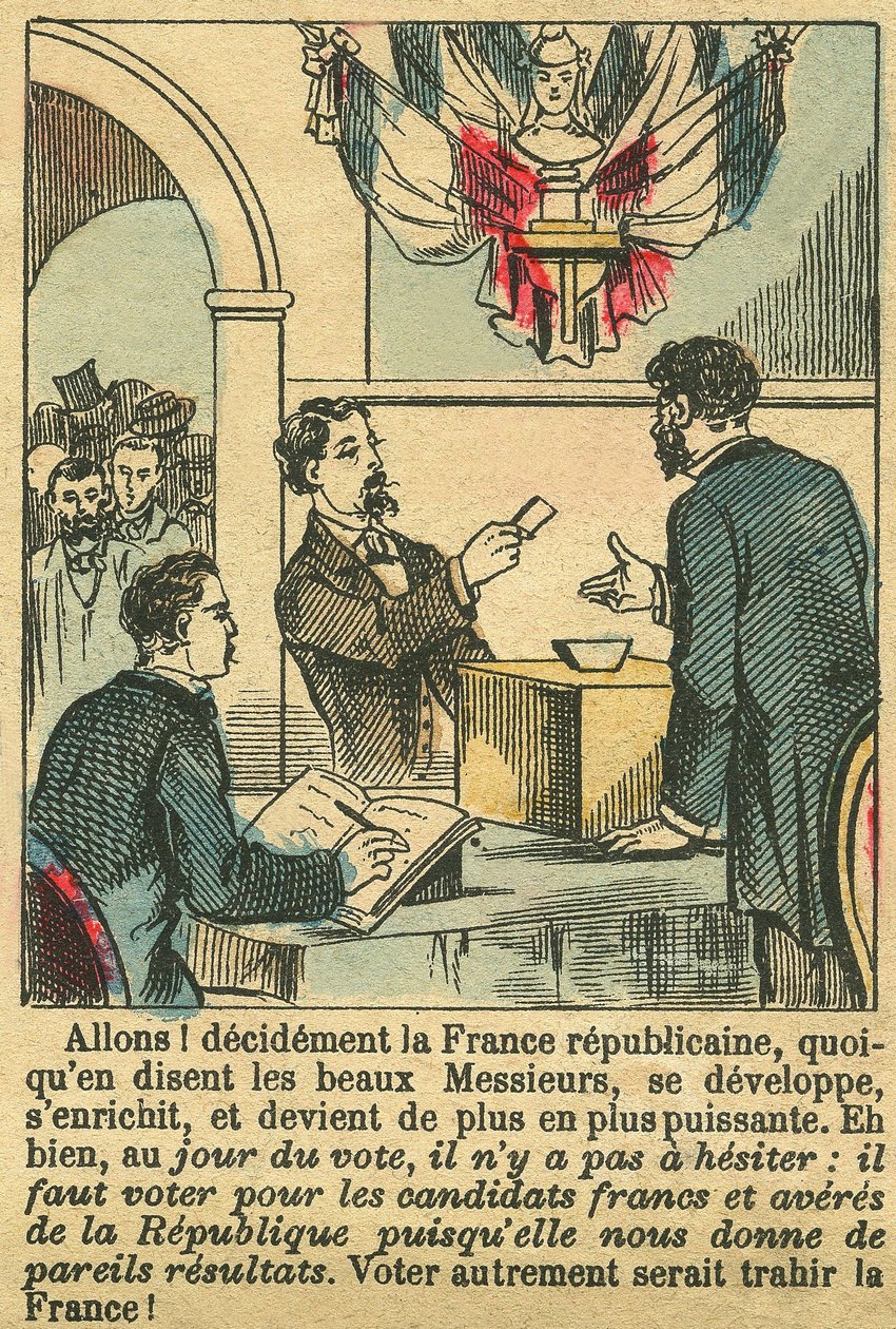Tasavaltalainen Ranska ansaitsi ranskalaisten äänen. Kaiverrus, Le Figaro -lehdessä 30.3.1889, Pariisi. Coll. Selva. tekijältä French School