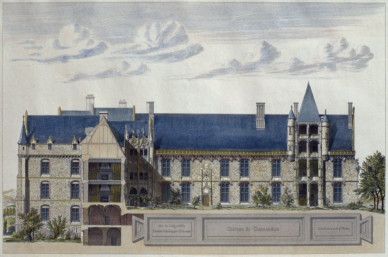 Chateau de Chateaudunin restaurointi, kuvitus Le Moniteur des architectesista, kaiverrus H. Penel (värikaiverrus) tekijältä French School