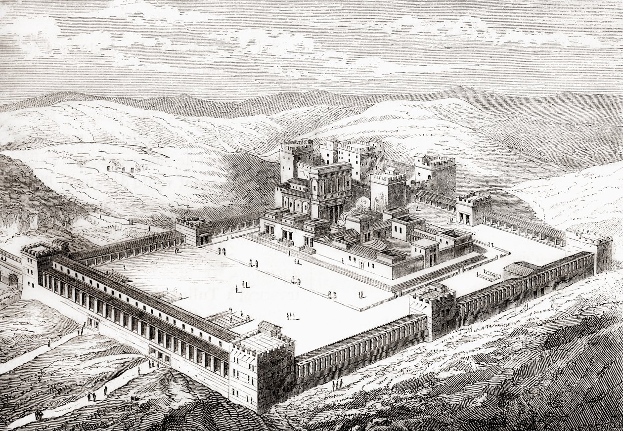 Salomonin temppelin korvannut restauroitu toinen temppeli Jerusalemissa, julkaisusta Les Merveilles de la Science, 1870. tekijältä French School