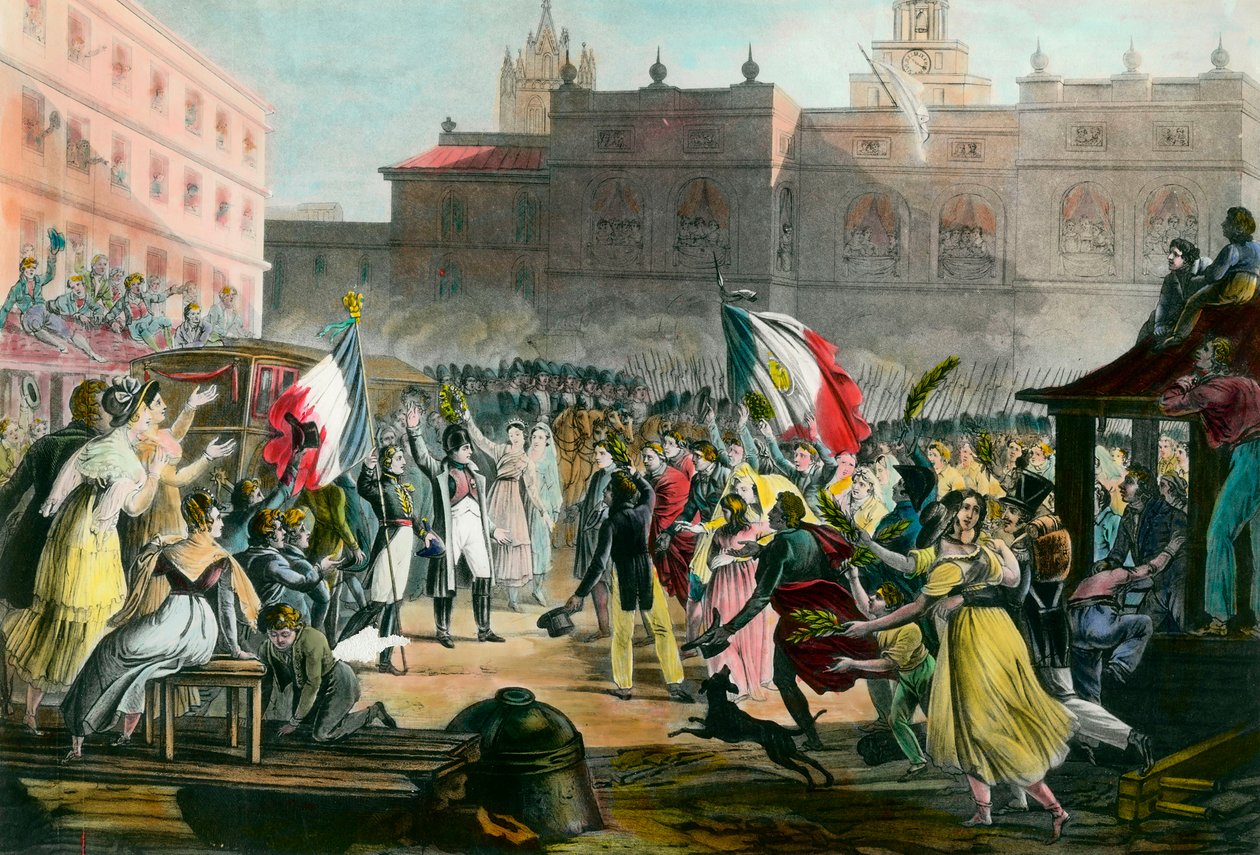 Napoleon Bonaparten (1769-1821) paluu Elban saarelta Grenobleen maaliskuussa 1815. Kaiverrus noin 1815 Yksityinen kokoelma tekijältä French School