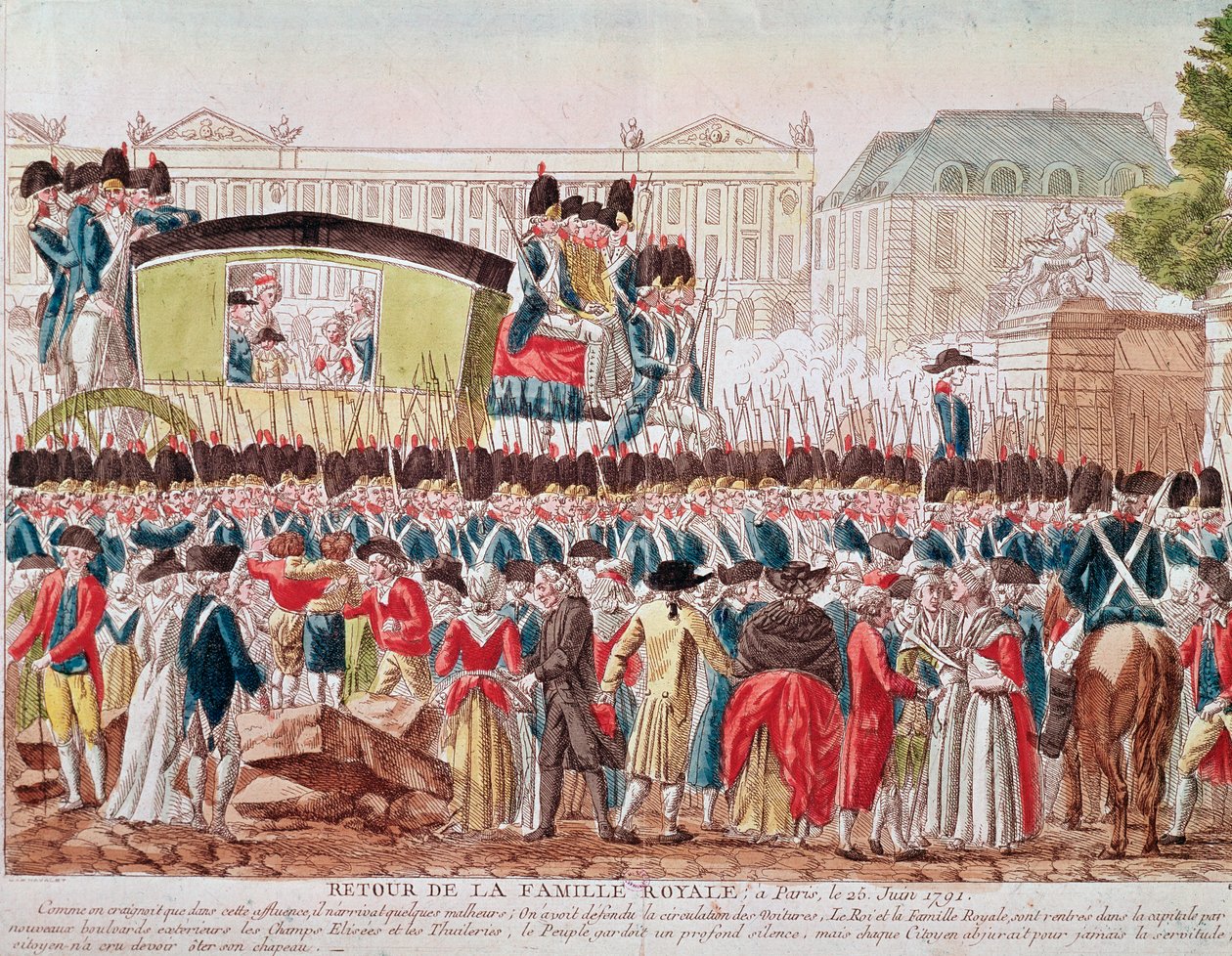 Ranskan kuninkaallisen perheen paluu Pariisiin, 25. kesäkuuta 1791, ryhmä ylittää Place de la Concorden (kaiverrus) tekijältä French School