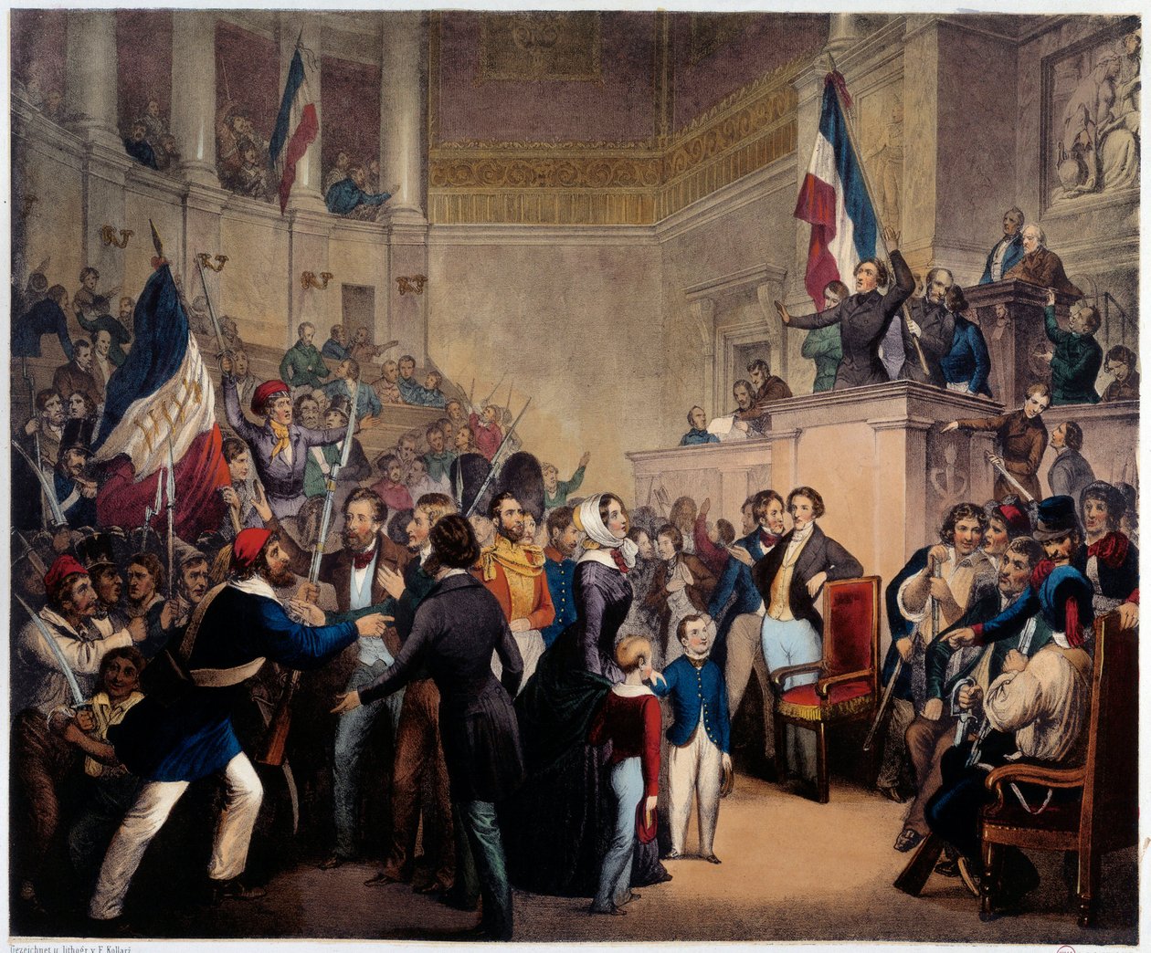 Vuoden 1848 vallankumous. Orleansin herttuatar esiintyy kansanedustajahuoneessa (kansalliskokous) lastensa kanssa saadakseen Regencyn (24. helmikuuta) tekijältä French School