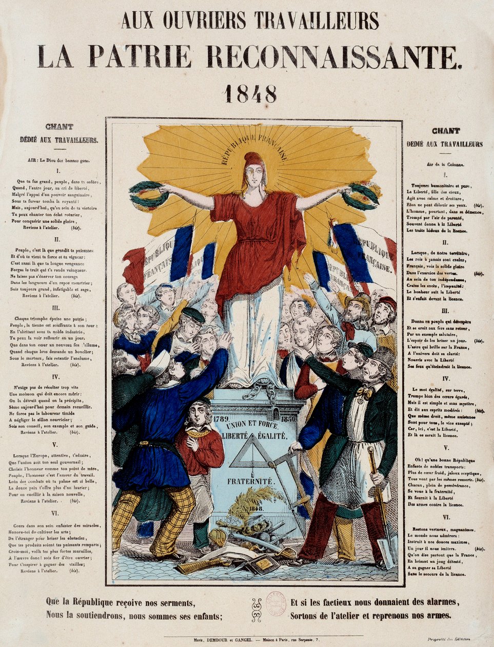 Vuoden 1848 vallankumous ja toisen tasavallan syntymä: manifesti ja laulu nimeltä "Työläisille kiitollinen kotimaa"", työläiset tervehtivät Republiquea. 1848 Pariisi, Musee Carnavalet tekijältä French School