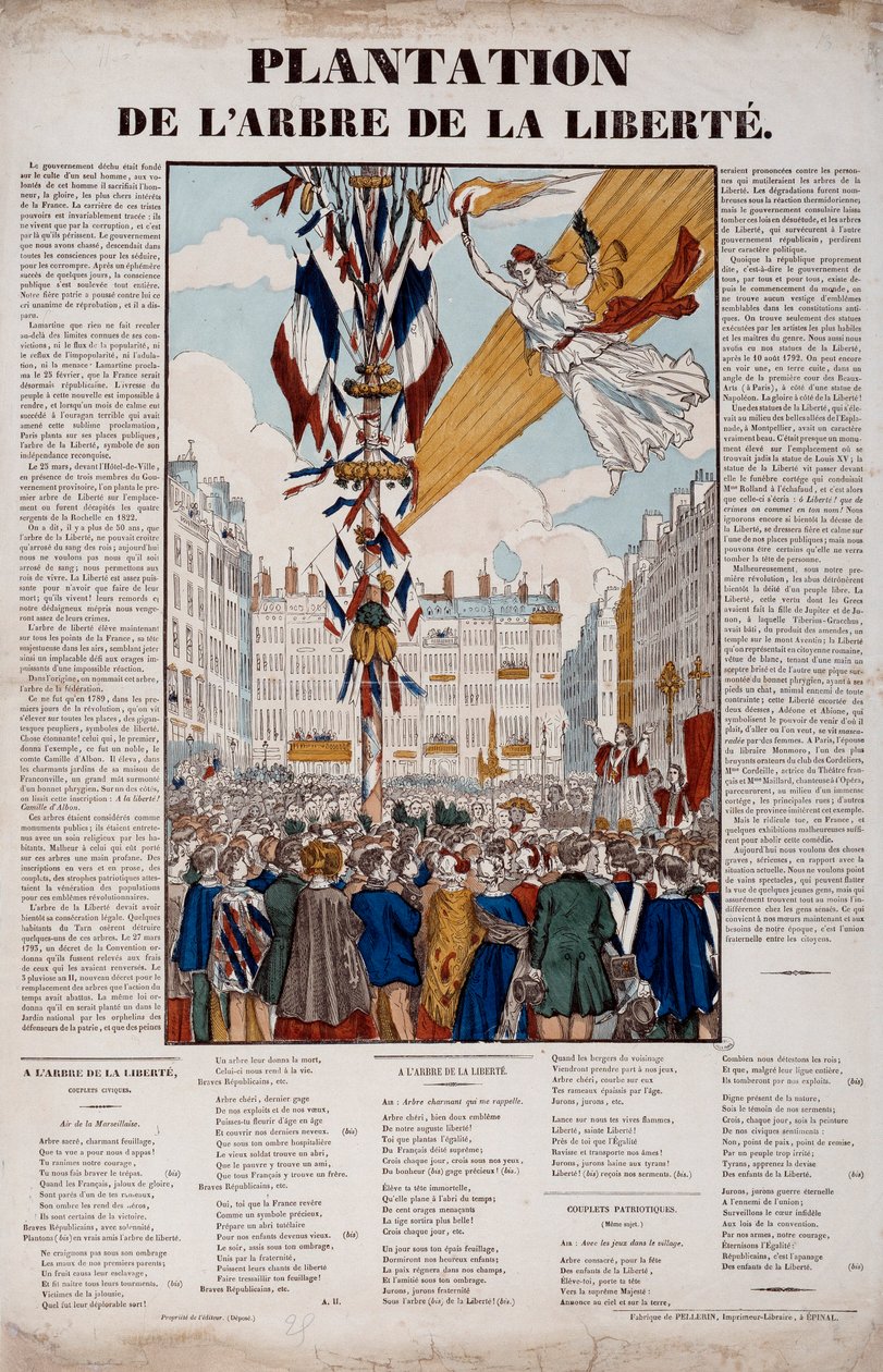Vuoden 1848 vallankumous: Vapaudenpuun istutus 25. maaliskuuta 1848. Kaiverrus vuodelta 1848 Pariisi, Musee Carnavalet tekijältä French School