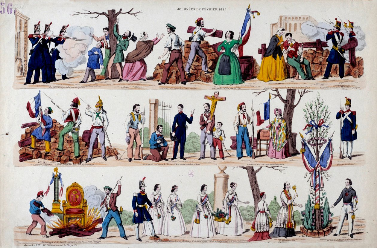 Helmikuun 1848 vallankumous: helmikuun 23. päivän kansannousun suuret hetket, barrikadit, sitten sotilaiden, työläisten ja porvarien välinen veljestyminen, Ludvig Philippe I:n (Louis-Philippe) vallan symbolien tuhoaminen ja lopulta tekijältä French School