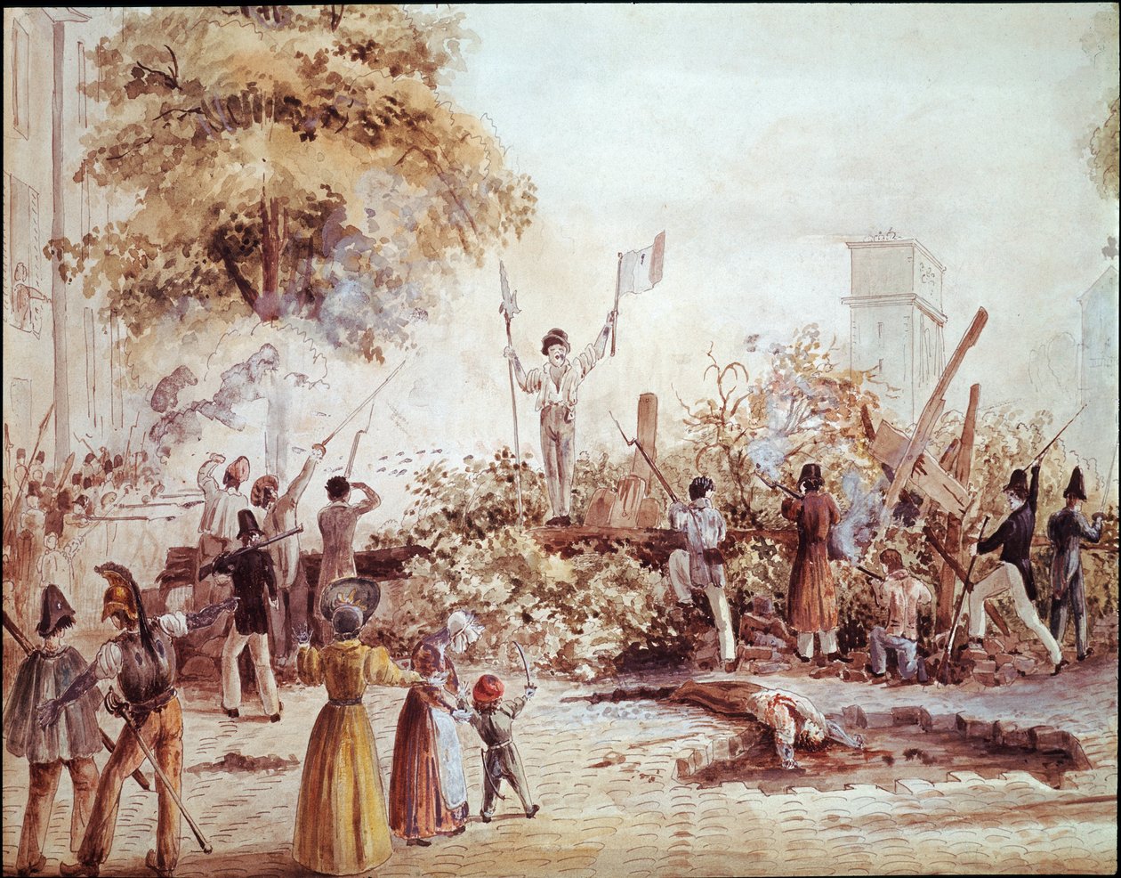 Heinäkuun vallankumous Pariisissa - Barrikadi Boulevard Saint Martinissa 1. elokuuta (akvarelli, n. 1830) tekijältä French School