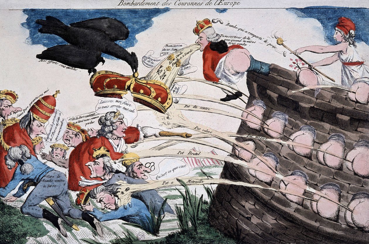 Mariannen vallankumoukselliset oppaat pommittavat eurooppalaisia suvereeneja paskallaan. Sarjakuva julkaistiin Ranskan vallankumouksen aikana. Etsaus. 1792. Musee Carnavalet. tekijältä French School