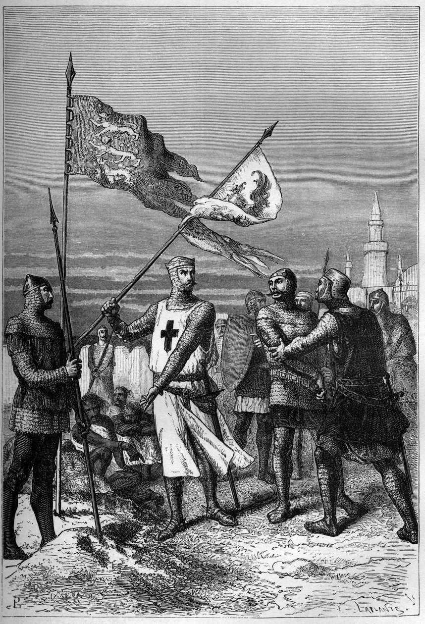 Richard Coeur de Lion tai Richard I Leijonasydän (1157-1199) Englannin kuningas, näkyy poistamassa arkkiherttua Leopold V:n lippua, Itävallan herttua - kaiverrus "L