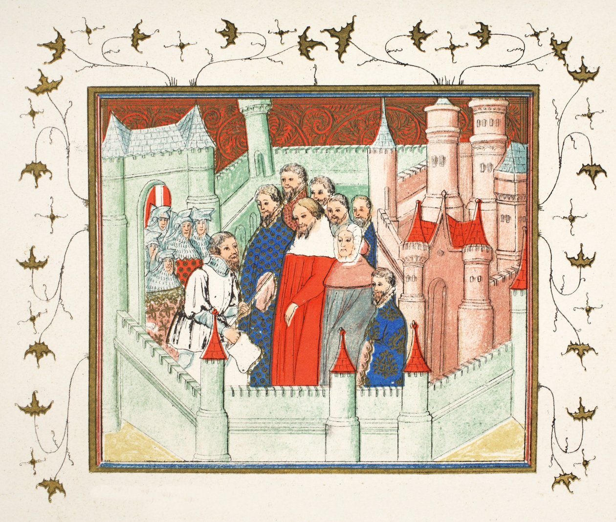 Richard II Flintin linnassa, jossa hänet toimitettiin vangiksi Bolingbrokelle, hänen kilpailijalleen valtaistuimelle, faksikopio Jean Cretonin Le Prinse et Mort du Roy Richartista, uusintapainos 1800-luvulta (väri tekijältä French School