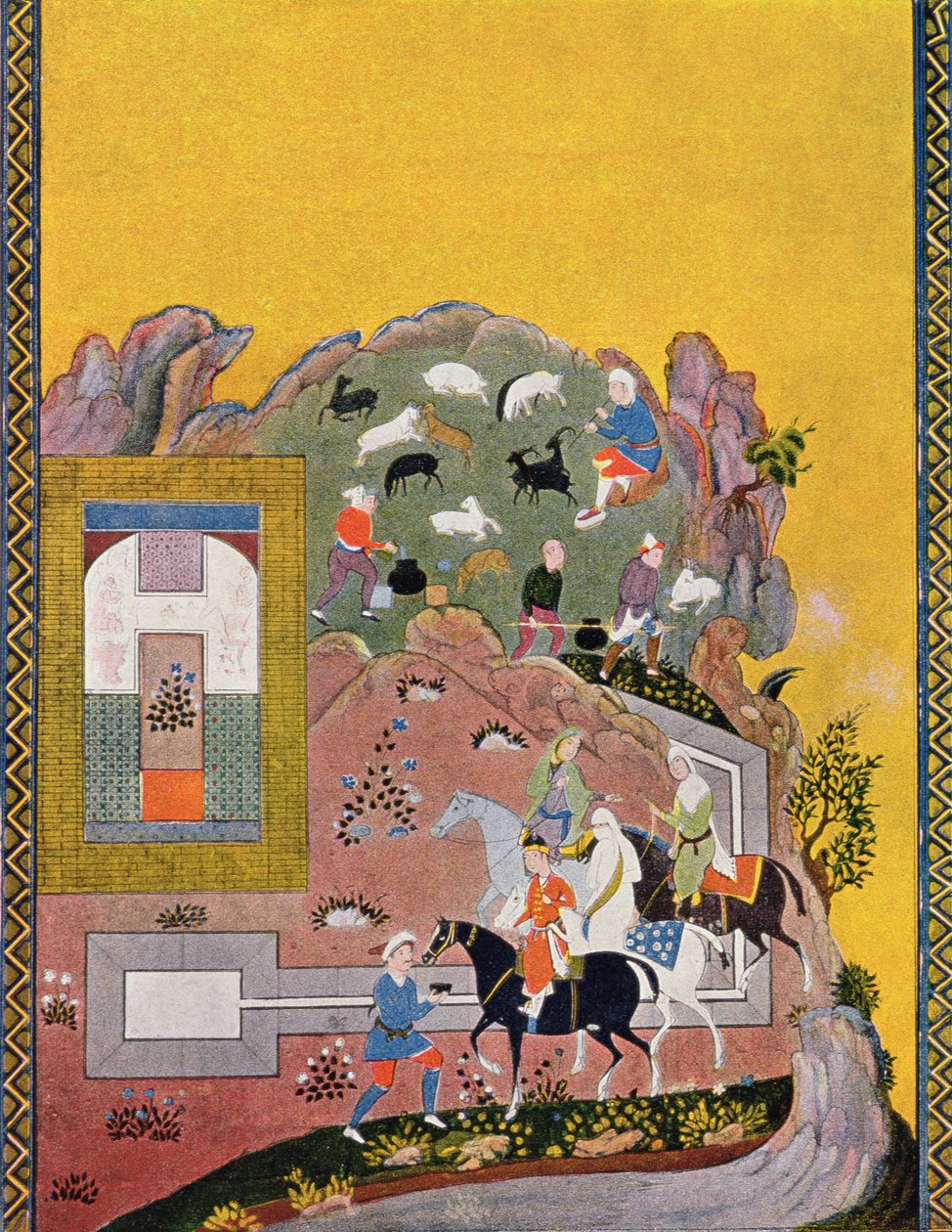 Ratsastaja ja hänen haaremi, kuvitus Arabian Nights, 1895 (värikaiverrus) tekijältä French School
