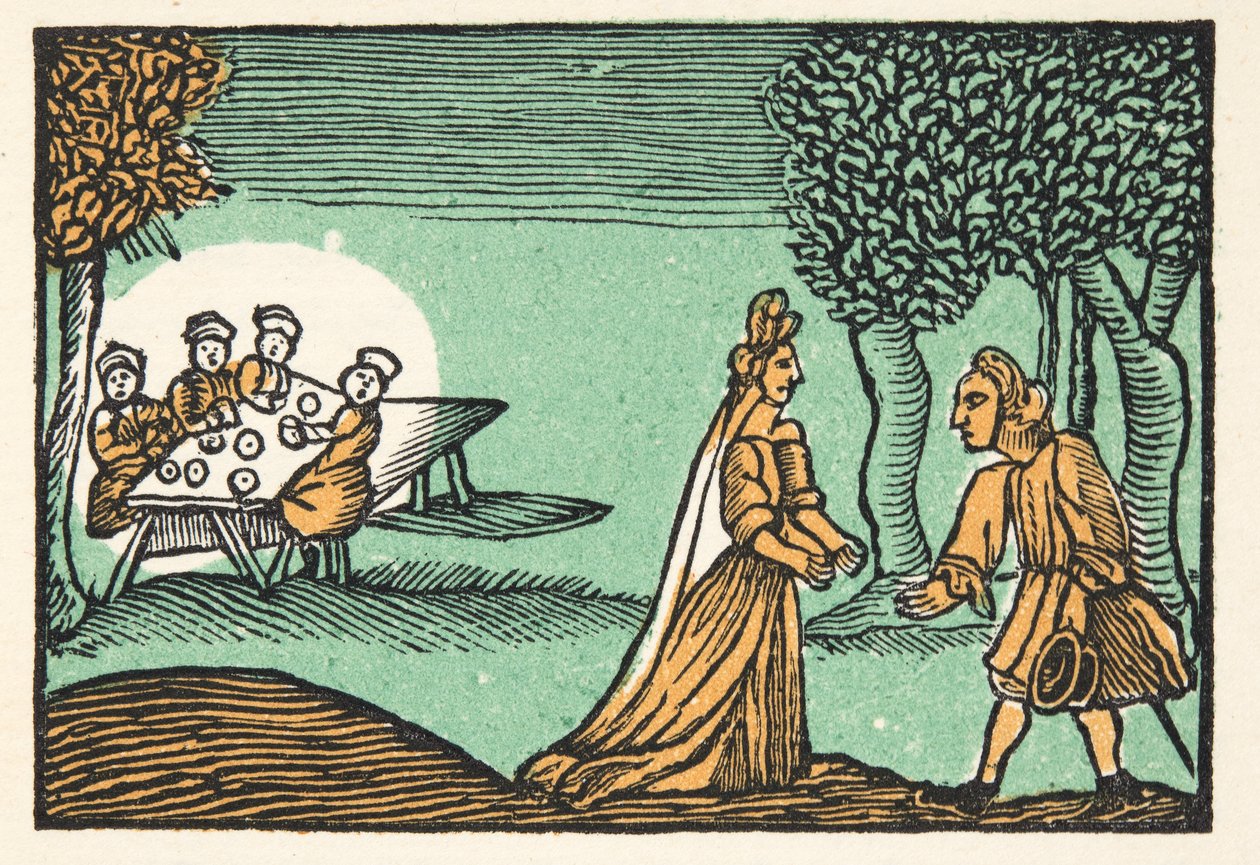 Riquet with the Tuft, The Histories or Tales of Past Times, kertoo Mother Goose, With Morals, M Perrault, pub. 1925 (käsinvärinen puupalikkaprintti) tekijältä French School