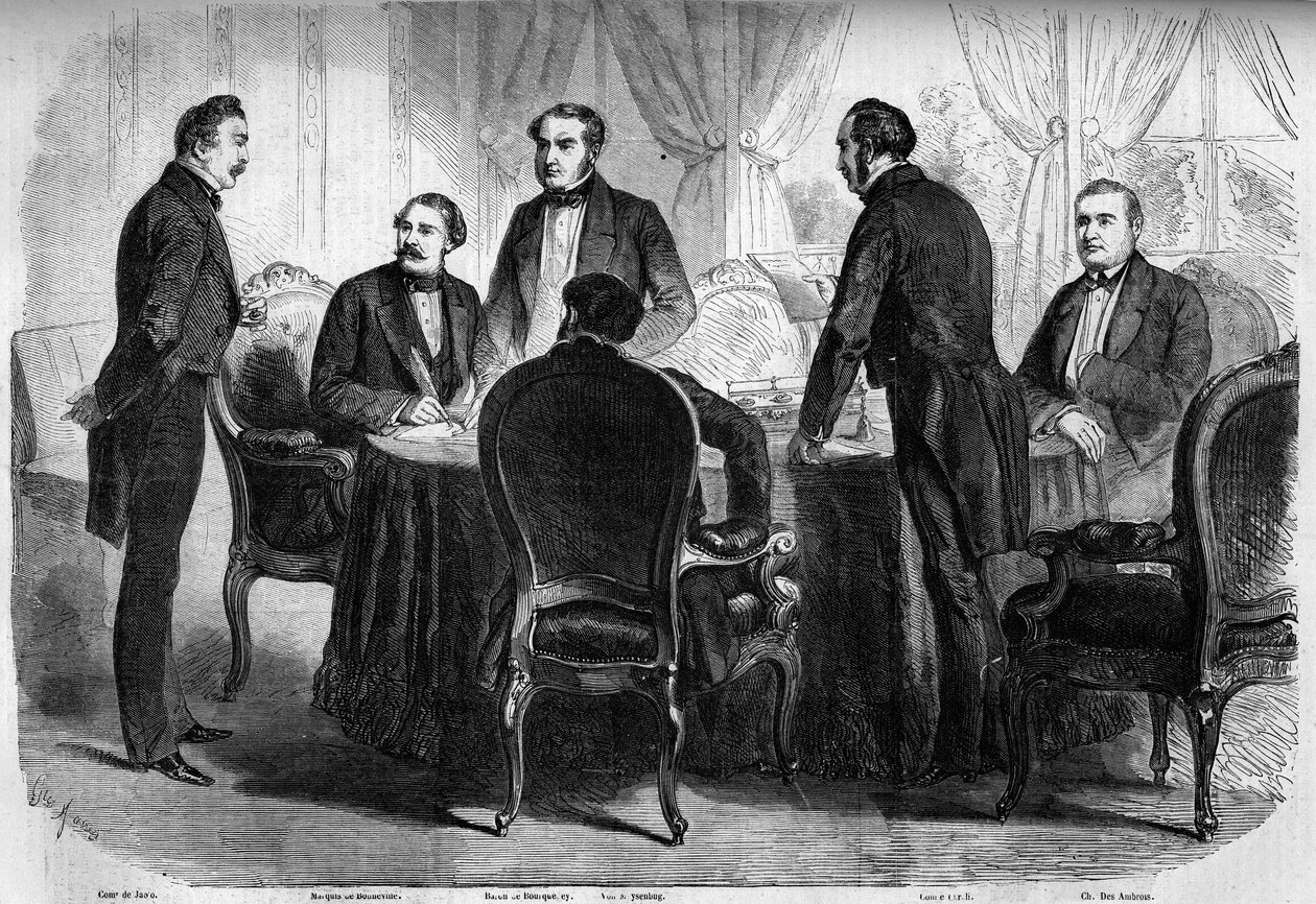 Risorgimento - Zürichin sopimus - 10. marraskuuta 1859: Ranskan, Itävallan ja Sardinian täysivaltaiset edustajat allekirjoittivat Zürichin sopimuksen. Itävallan on luovuttava Lombardia Italialle. Kaiverrus "" Le Monde Illustré" -julkaisussa nro 136, 19. ma tekijältä French School