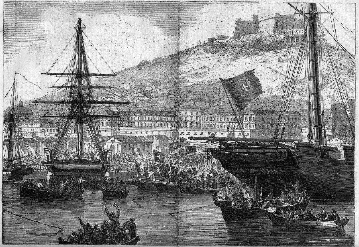Risorgimento, Napoli, 21. lokakuuta 1860: laivaston äänestys kaupungin liittämisestä Italian kuningaskuntaan. Kaiverrus "" Le Monde Illustré" -julkaisussa nro 186, 3. marraskuuta 1860. tekijältä French School