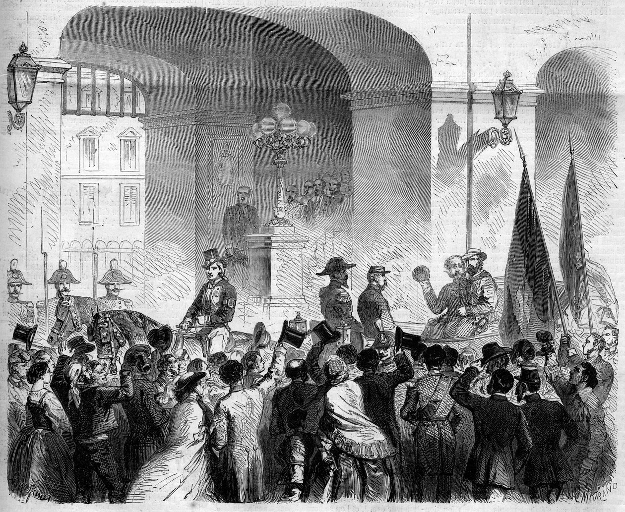 Risorgimento, Napoli, 7. marraskuuta 1860: Italian kuninkaan Victor Emmanuel II (Victor-Emmanuel) (Vittorio Emanuele) (1820-1878) sisäänkäynti Napolin kuninkaalliseen palatsiin sen jälkeen, kun väestö äänesti Napolin liittämisestä Italian kuningaskunta tekijältä French School