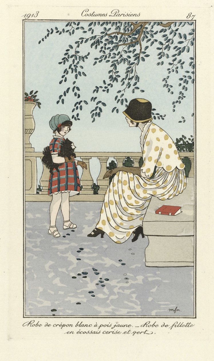 Valkoinen Crépon-mekko, jossa keltaisia pilkkuja - Tytön mekko kirsikanväristä ja vihreää tartania, Costumes Parisien, pub.1913 (kaavapainatus). tekijältä French School