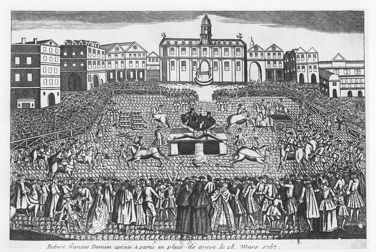 Robert-Francois Damiens teloitettiin Place de Grèvellä Pariisissa 28. maaliskuuta 1757 tekijältä French School