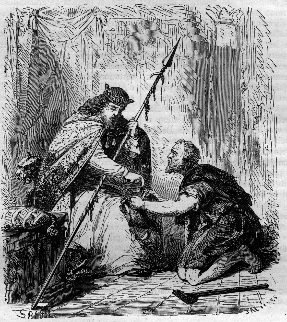 Robert II hurskas (972-1031), Ranskan kuningas, jakeli almoneja. Kaiverrus Maurice Lachatren teokseen "Paavien-kuninkaiden-kuningattaren ja keisarien historia vuosisatojen ajan" tekijältä French School