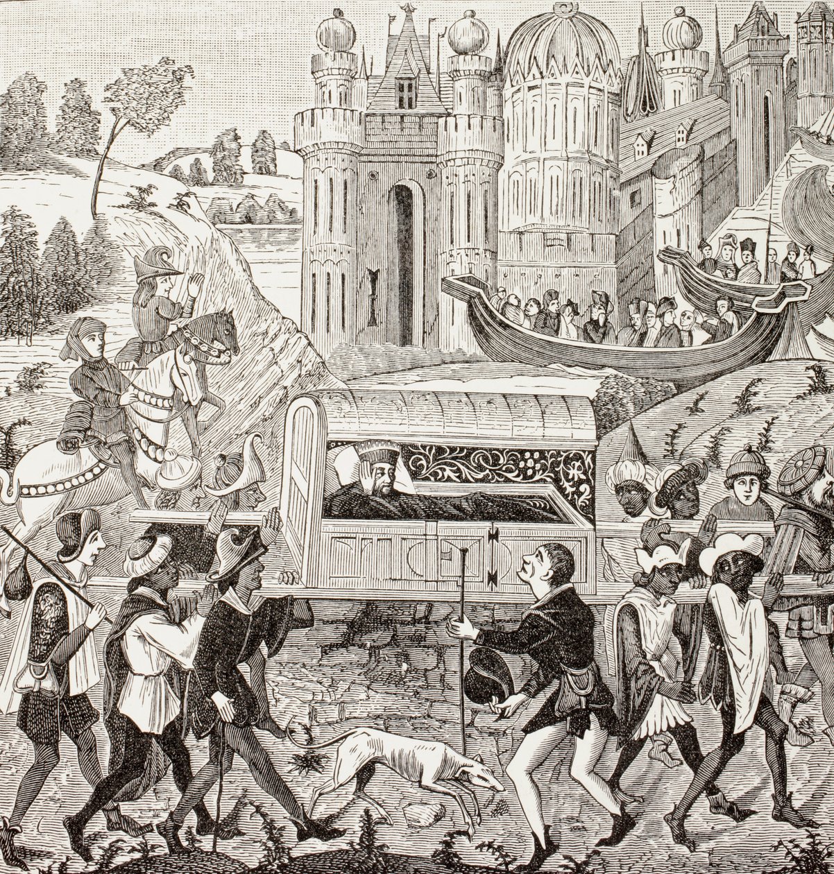 Normandian herttua Robert I:tä kantavat pentueessaan neekerit, Paul Lacroixin teoksesta "Military and Religious Life in the Middle Ages", julkaistu Lontoossa n. 1880 (litho) tekijältä French School