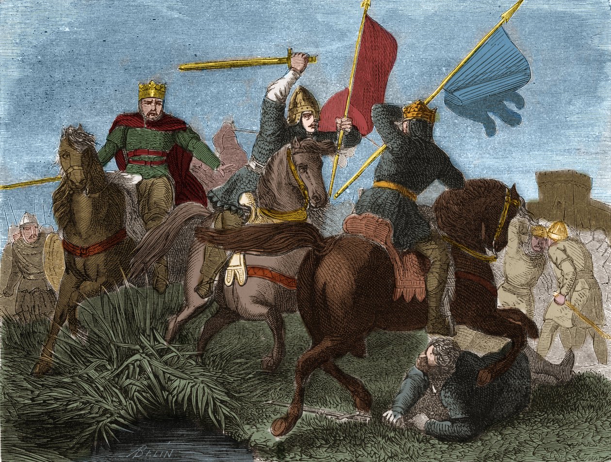 Ranskan Robert I (865-923), kruunattiin frankkien kuninkaaksi vuonna 922, tappoi Kaarle III:n sotilas: Kaiverrus Henri Martinin "" Histoire de France populaire" -kirjaan. 1800-luvulla. tekijältä French School