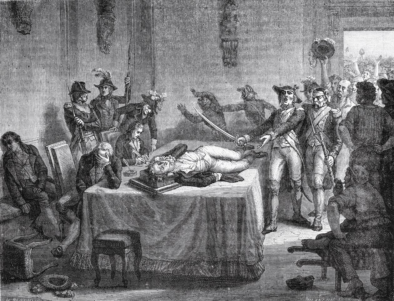 Robespierre odottaa teloitusta ampuen itseään leukaan vuonna 1794 tekijältä French School