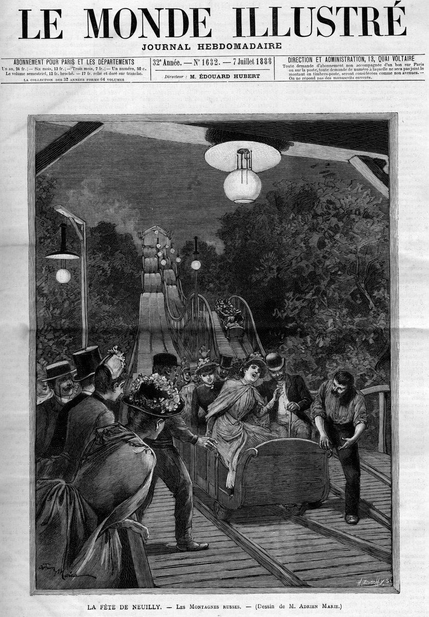 Rollercoaster, Neuilly sur Seinen juhlissa, heinäkuussa 1888. Sanomalehden "The Illustrous World" kansi. tekijältä French School