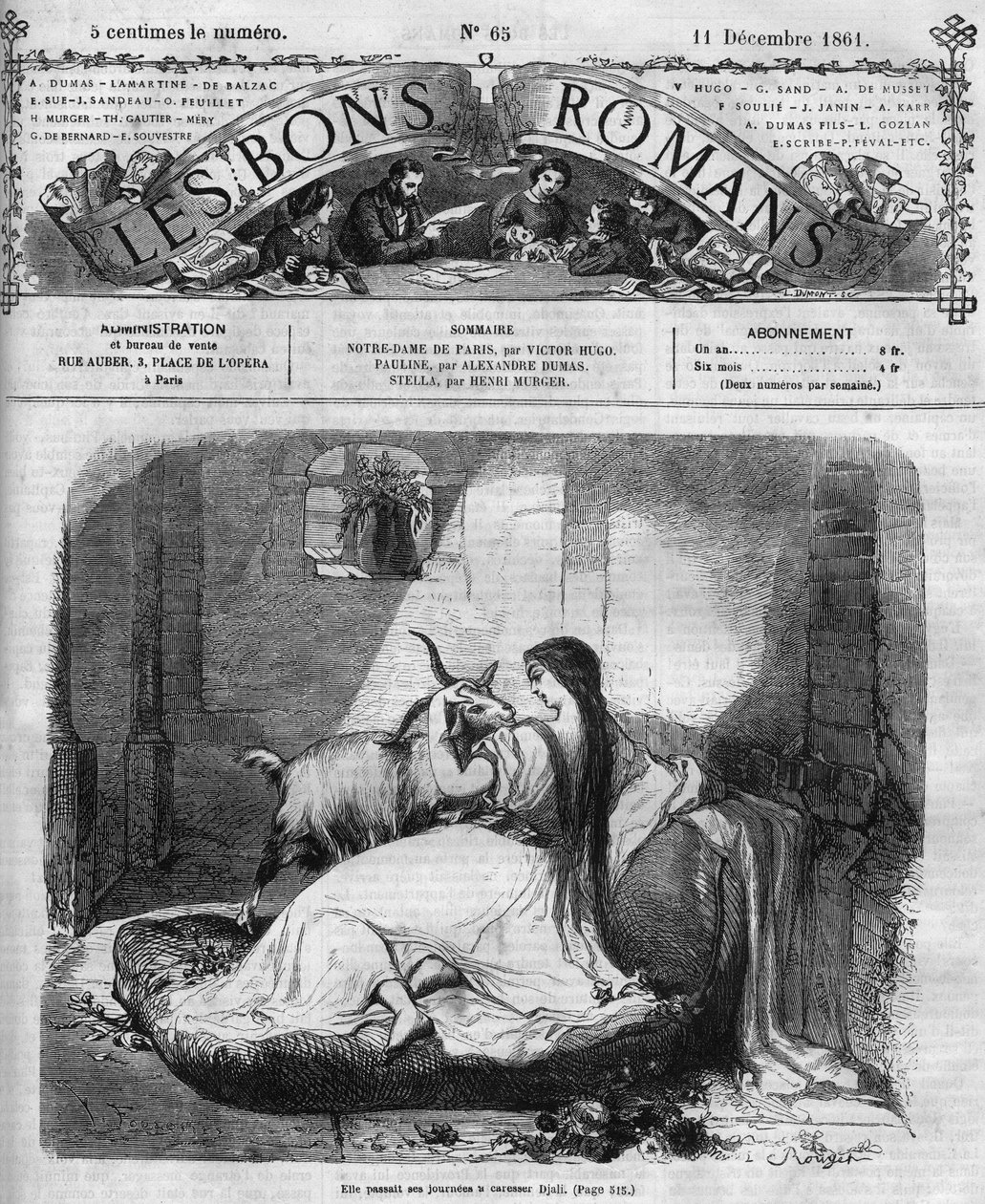 Roomalainen sarja: "" Notre Dame de Paris"", kirjoittanut Victor Hugo (1802-1885). Esmeralda ja vuohi. Kaiverrus "" Les bons romances"" tekijältä French School