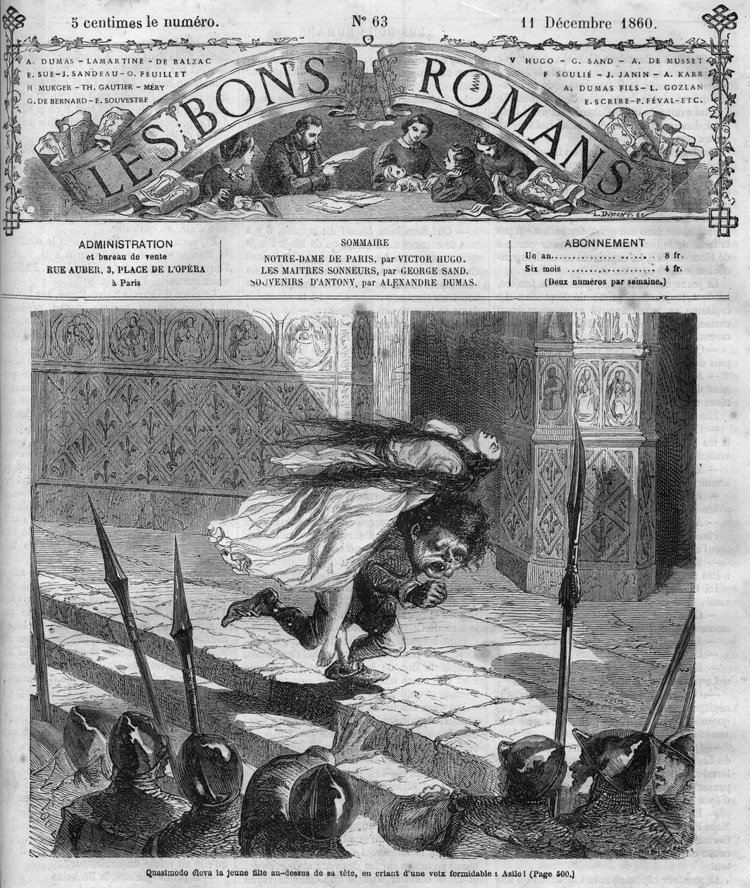 Roomalainen sarja: "" Notre Dame de Paris"", kirjoittanut Victor Hugo (1802-1885). Quasimodo ja Esmeralda. Kaiverrus "" Les bons romances"" tekijältä French School