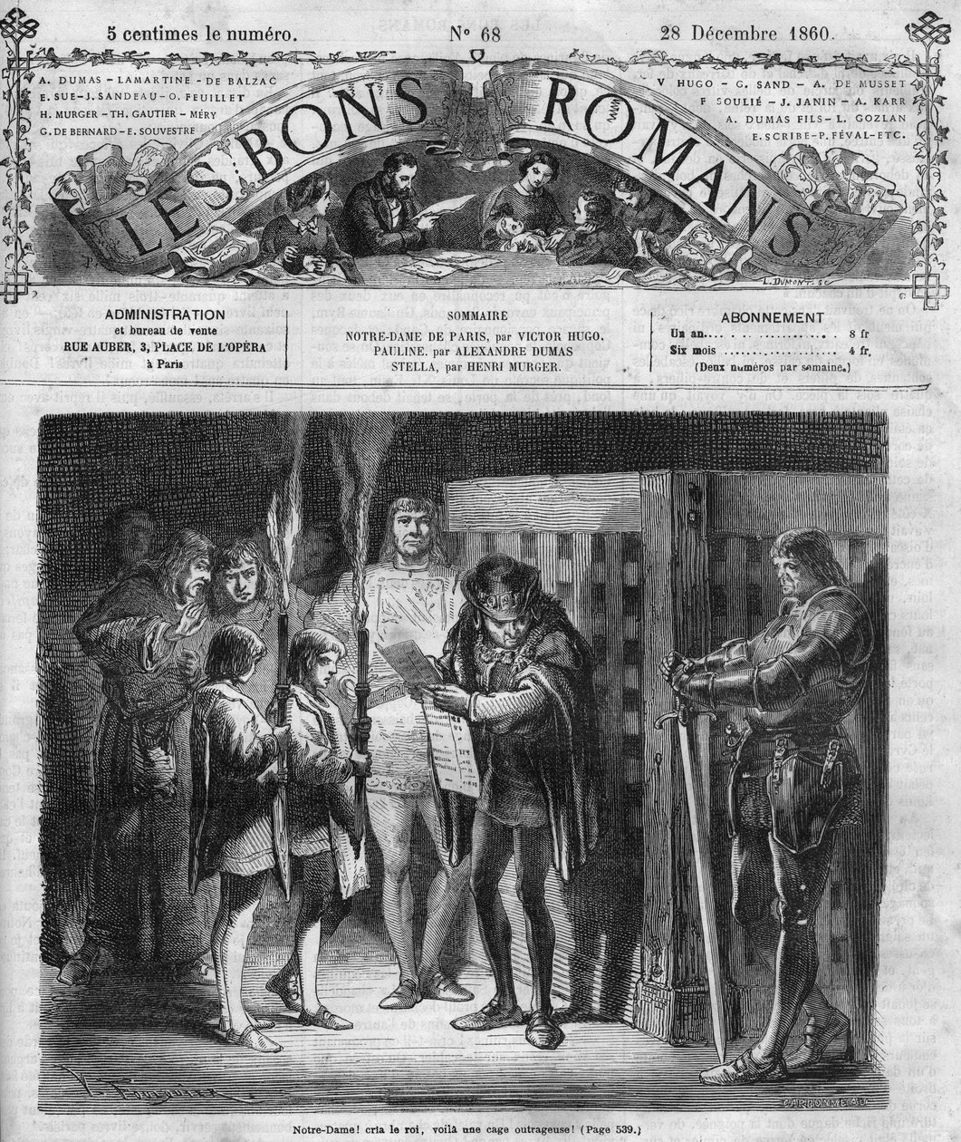 Roomalainen sarja: "" Notre Dame de Paris"", kirjoittanut Victor Hugo (1802-1885). Kuningas tarkastaa häkin. Kaiverrus "" Les bons romances"" tekijältä French School
