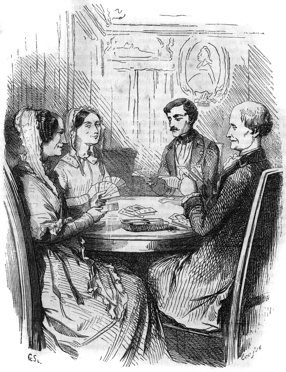Roomalainen sarja: "" Monte Criston kreivi"" (Monte-Cristo), kirjoittanut Alexandre Dumas (1802-1870). Neljän hahmon välinen korttipeli. Kaiverrus "" Les bons romances"" tekijältä French School