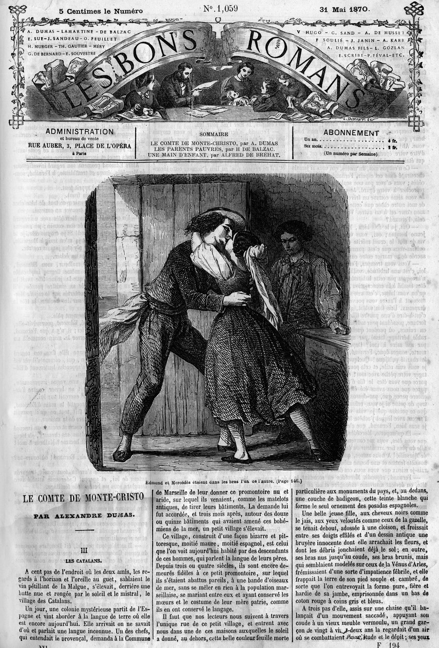 Roomalainen sarja: "" Monte Criston kreivi"" (Monte-Cristo), kirjoittanut Alexandre Dumas (1802-1870). Seksikohtaus Edmond Dantesin ja Mercedeksen välillä. Kaiverrus "" Les bons romances"" tekijältä French School