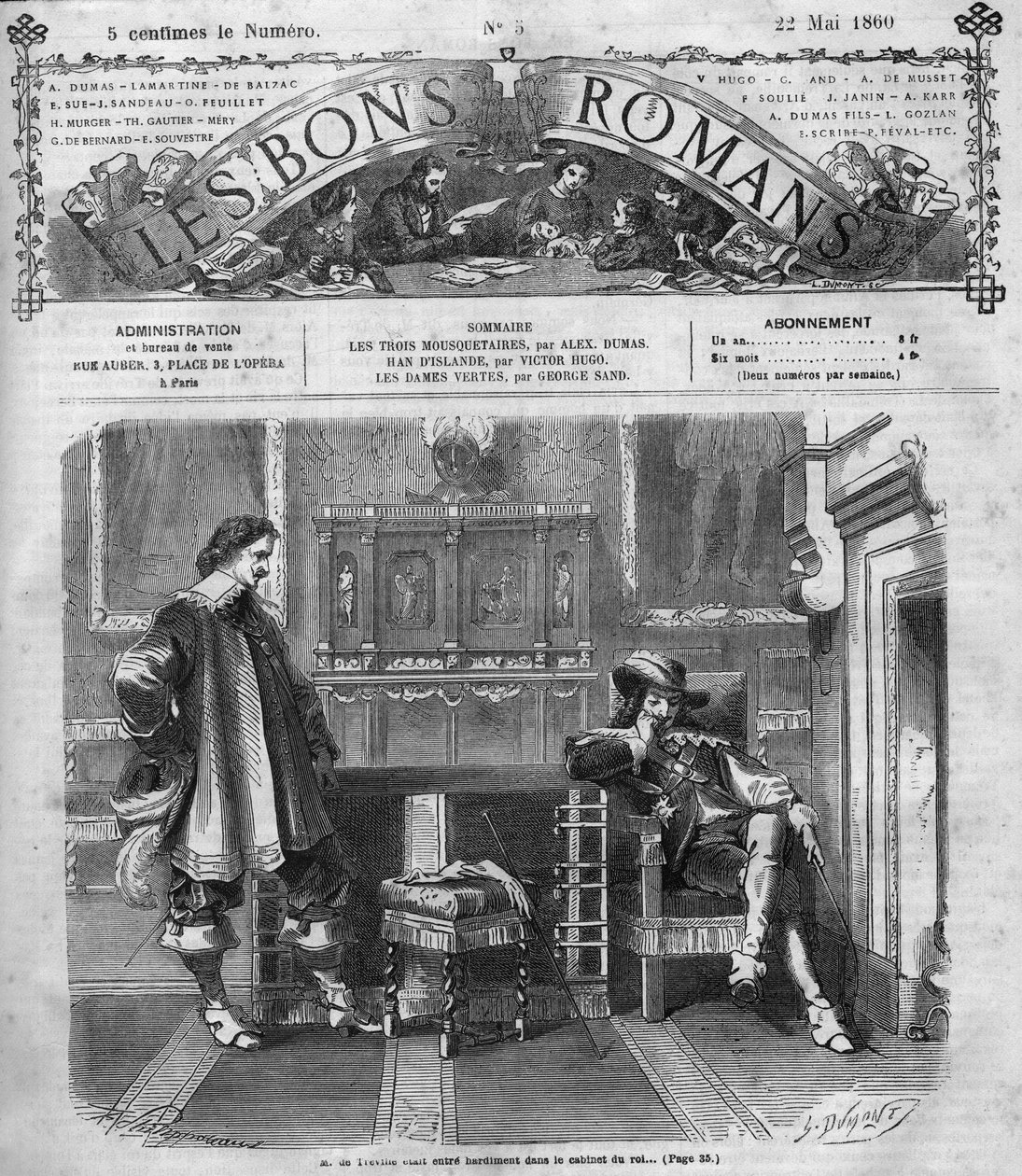 Roomalainen sarja: Alexandre Dumasin (1802-1870) "Kolme muskettisoturia". Monsieur de Treville palaa rohkeasti kuninkaan toimistoon. Kaiverrus "" Les bons romances"" tekijältä French School