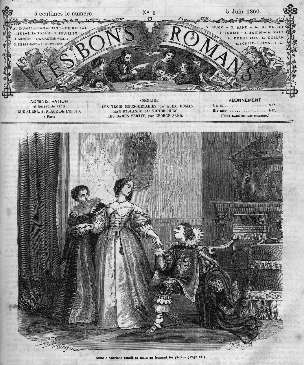 Roomalainen sarja: Alexandre Dumas Peren (1802-1870) "Kolme muskettisoturia". Anne of Austria (1601-1666) lahjoittaa Buckinghamin herttualle (Georges Villiers) laatikon, jossa on hänen timanttifrettinsä. Kuva luvusta XII. Kaiverrus "" Les bons romances -ki tekijältä French School