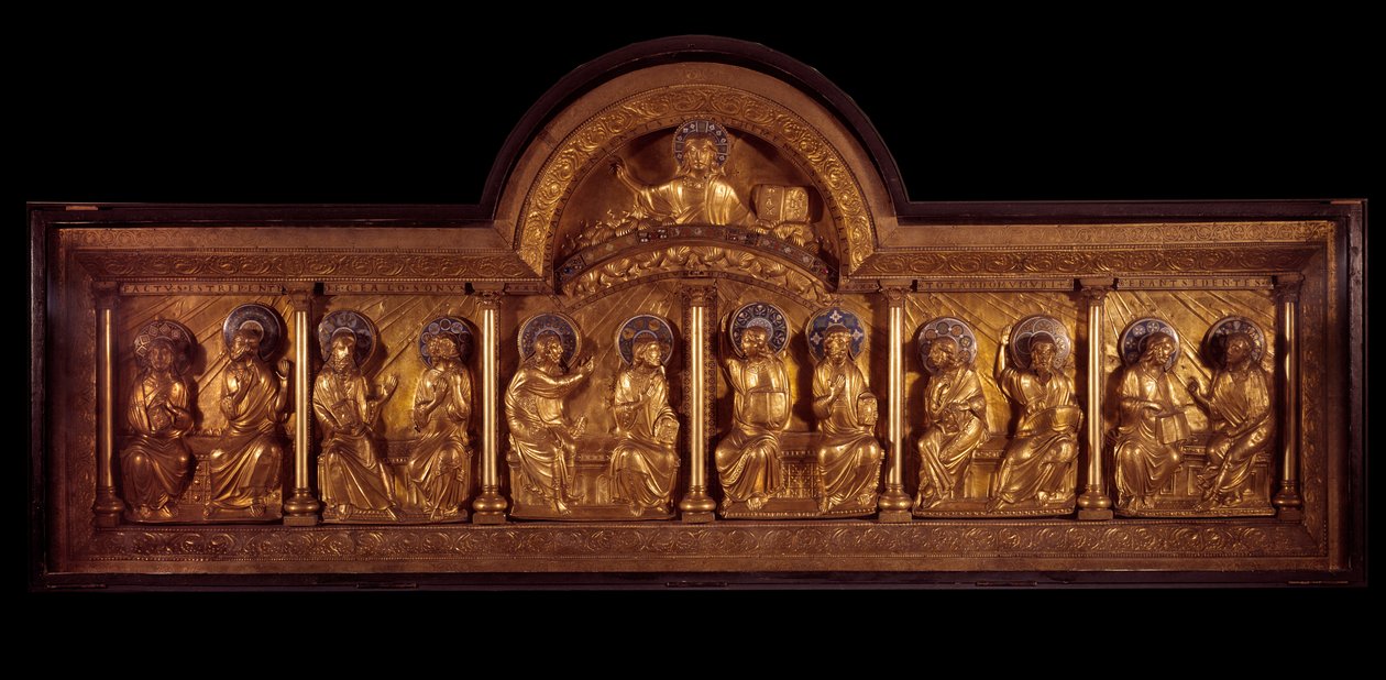 Romaaninen taide: Helluntai alttaritaulu: antependium puusta, kuparista ja emalista. Stavelotista (Maas) Noin 1160-1170. Pariisi, Keskiajan kansallismuseo, Thermes de Cluny tekijältä French School