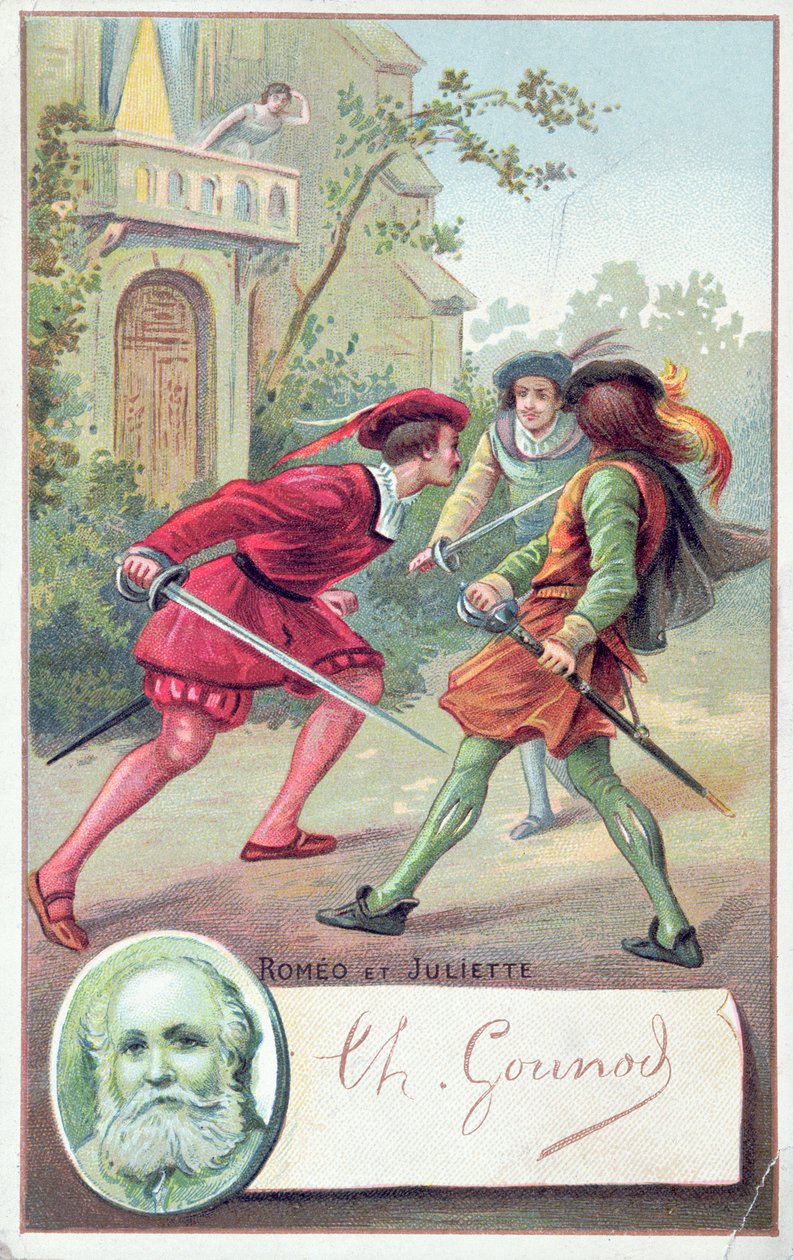 Romeo taistelee Tybaltia vastaan Gounodsin oopperassa Romeo ja Julia William Shakespearen (1564-1616) näytelmästä muokattuna tekijältä French School