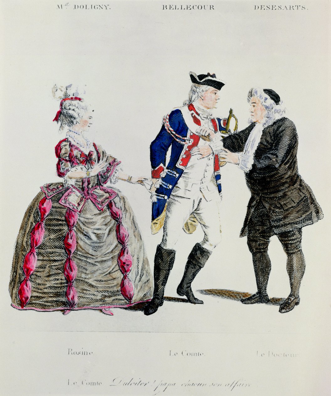 Rosine, kreivi Almaviva ja tohtori, kohtaus Pierre Augustin Caron de Beamarchaisin (1732-99) Sevillan parturi 13. näytöksestä tekijältä French School