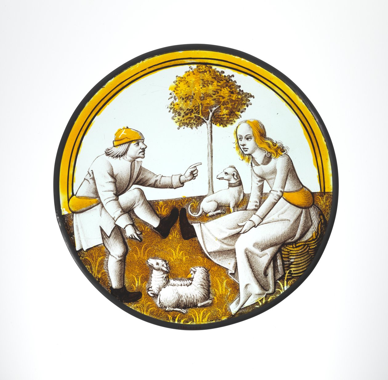 Rounddel, jossa pari leikkii Quintainissa, n. 1500 (lasi, lasimainen maali ja hopea tahra) tekijältä French School