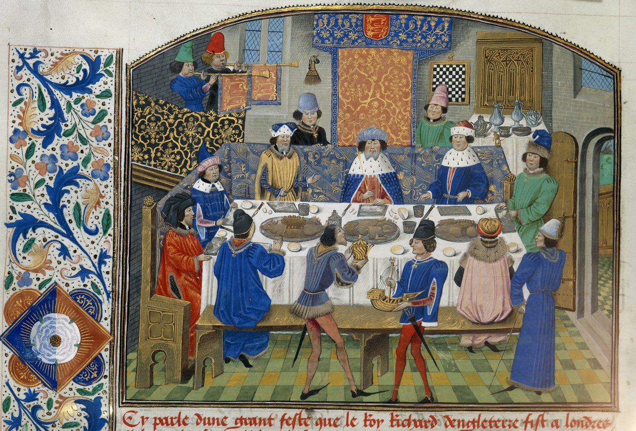 Roy 14 E IV fol.265v Yorkin, Gloucesterin ja Irlannin herttuat ruokailevat Richard II:n kanssa, osa III "Richard II:n kruunauksesta vuoteen 1387", kirjoittanut Jean de Batard Wavrin (vellum) tekijältä French School