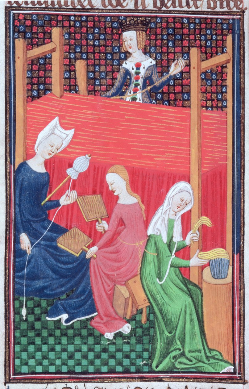 Roy 16 G V f.56 Gaia Caecilia tai Tanaquil, kangaspuut ja naiset kehrässä, 