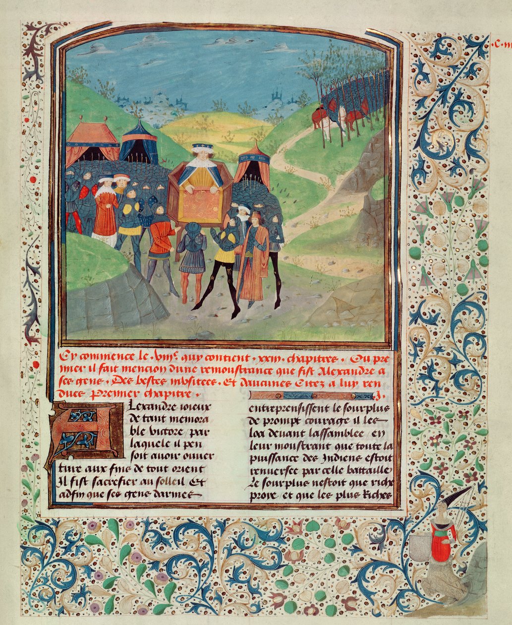 Roy 17 FI f.198 Aleksanteri Suuri puhuu miehilleen toivoen saada heidät jatkamaan Intiaan, alkaen Quinte Curse Ruffe des Fais du Grant Alexandre, n. 1468 (vellum) tekijältä French School
