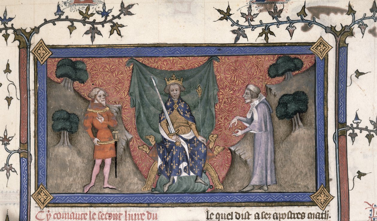 Roy 19 C IV f.154 Ranskan kuningas Kaarle V (1337-80) kruunulla, miekalla ja valtikalla ritarin ja virkailijan välissä tekijältä French School